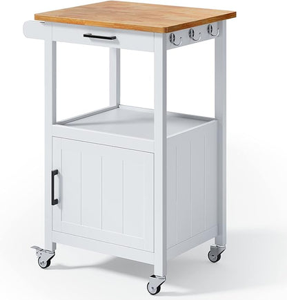 Qsun Kitchen Cart with Drawer, Small Kitchen Island on Wheels, Microwave Cart, Small Home Coffee Bar, Microwave Stand, Rolling Kitchen Island Cart with Side Hook, White