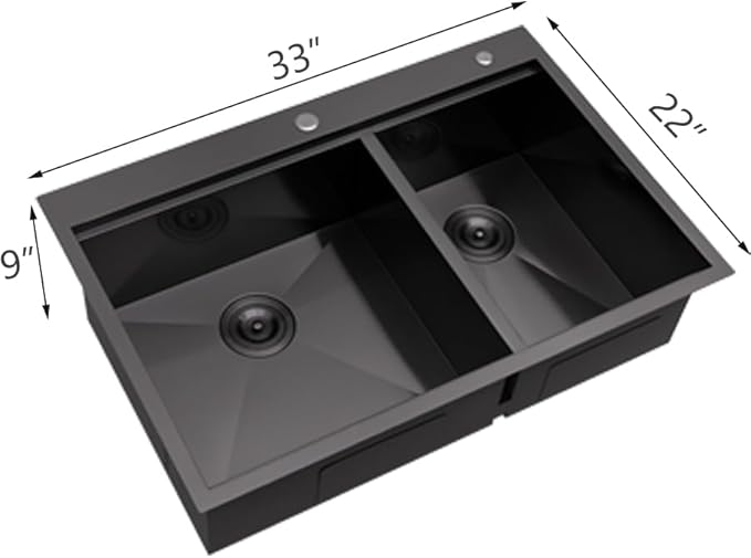 60/40 Drop In Double Bowl Kitchen Sink Black, 33x22 Inch Gunmetal Black Drop In Kitchen Sink Ledge Workstation 16 Gauge Stainless Steel Topmount Dual Basin with Cutting Board