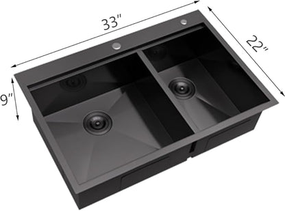 60/40 Drop In Double Bowl Kitchen Sink Black, 33x22 Inch Gunmetal Black Drop In Kitchen Sink Ledge Workstation 16 Gauge Stainless Steel Topmount Dual Basin with Cutting Board
