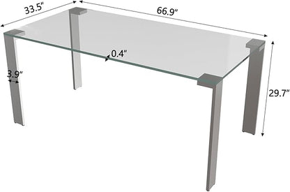 66.9" Modern Tempered Clear Glass Dining Table for 6–8 People, Rectangular Transparent Glass Top with Metal Legs, Minimalist Dining Room & Kitchen Table