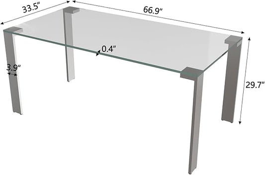 66.9" Modern Tempered Clear Glass Dining Table for 6–8 People, Rectangular Transparent Glass Top with Metal Legs, Minimalist Dining Room & Kitchen Table
