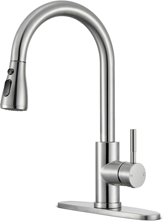 Kitchen Faucets with Pull Down Sprayer, Brushed Nickel High Arc Single Handle Stainless Steel 1 or 3 Hole Utility Modern Faucet for Kitchen Sink, Suitable for Bar Laundry RV Farmhouse Camper