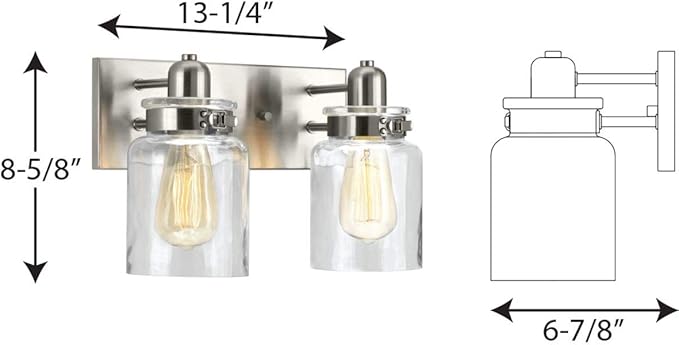 Progress Lighting P300046-009 Calhoun Collection Clear Glass Farmhouse Bath Vanity Light, 2-Light, Brushed Nickel