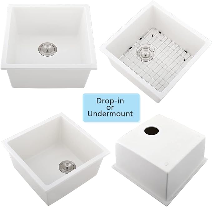 21 Inch Rv Sink Undermount-VASOYO 21x19 Wet Bar Sink Undermount Prep Outdoor Sinks White Quartz Composite Kitchen Sinks Small Deep Singe Basin with Bottom Grid