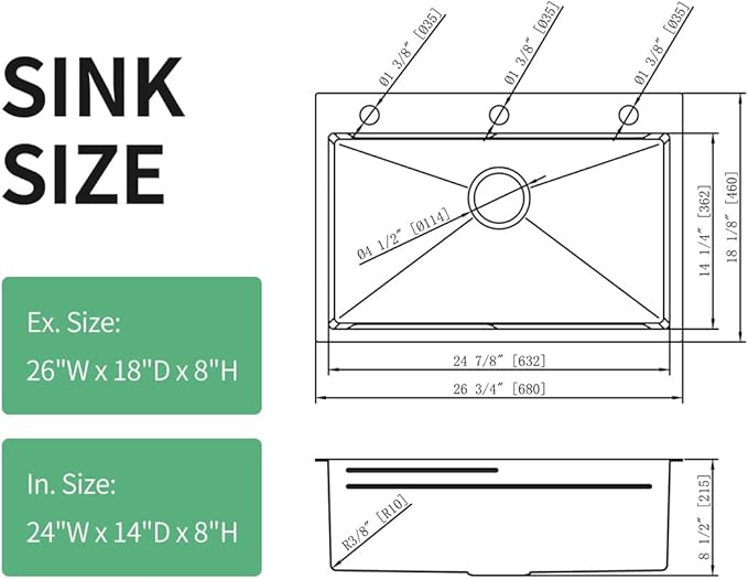 FRANIC 26" Handmade Black Bar Workstation Sink, 26" x 18" x 8" Stainless Steel Matte Nano Black Topmount Single Bowl Small Kitchen Outdoor Sink