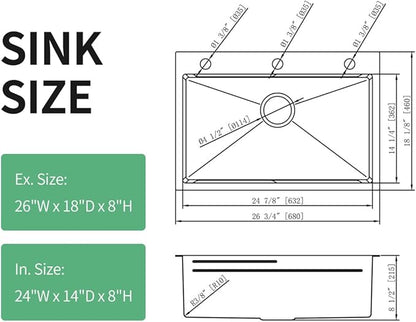FRANIC 26" Handmade Black Bar Workstation Sink, 26" x 18" x 8" Stainless Steel Matte Nano Black Topmount Single Bowl Small Kitchen Outdoor Sink