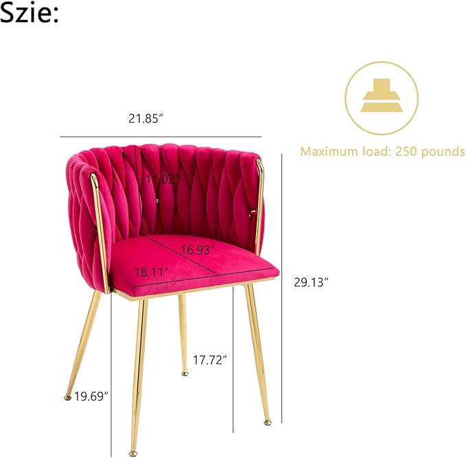 Nrizc Woven Dining Chairs Set of 6, Velvet Upholstered Dining Chairs with Gold Metal Legs, Modern Accent Chairs for Living Room, Dining Room, Kitchen (Rose Red)