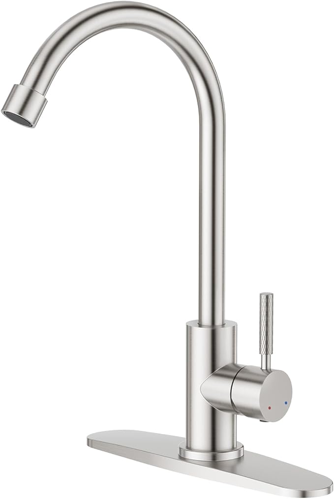 CREA Brushed Faucet for Kitchen Bar Outdoor Sink 1 Hole 3Holes(with Deck Plate)，High Arc 360°Swivle Single Handle Tap Brushed 304 Stainless Steel