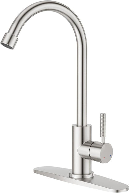 CREA Brushed Faucet for Kitchen Bar Outdoor Sink 1 Hole 3Holes(with Deck Plate)，High Arc 360°Swivle Single Handle Tap Brushed 304 Stainless Steel