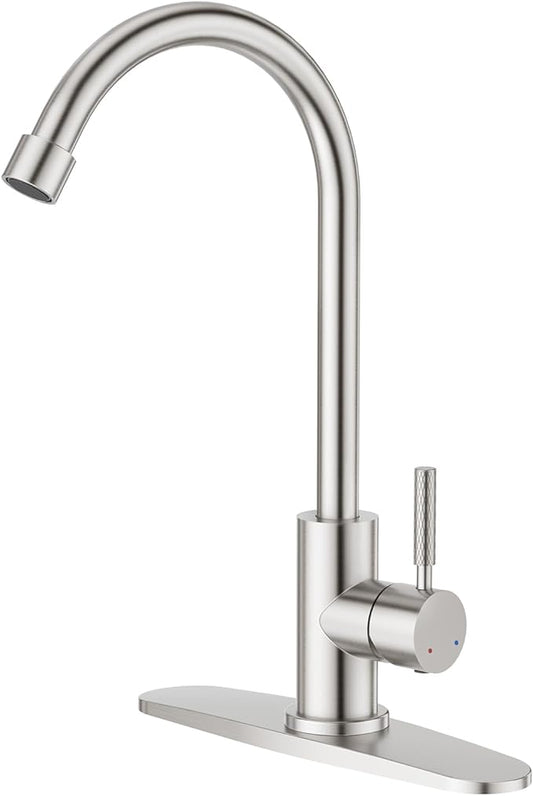CREA Brushed Faucet for Kitchen Bar Outdoor Sink 1 Hole 3Holes(with Deck Plate)，High Arc 360°Swivle Single Handle Tap Brushed 304 Stainless Steel