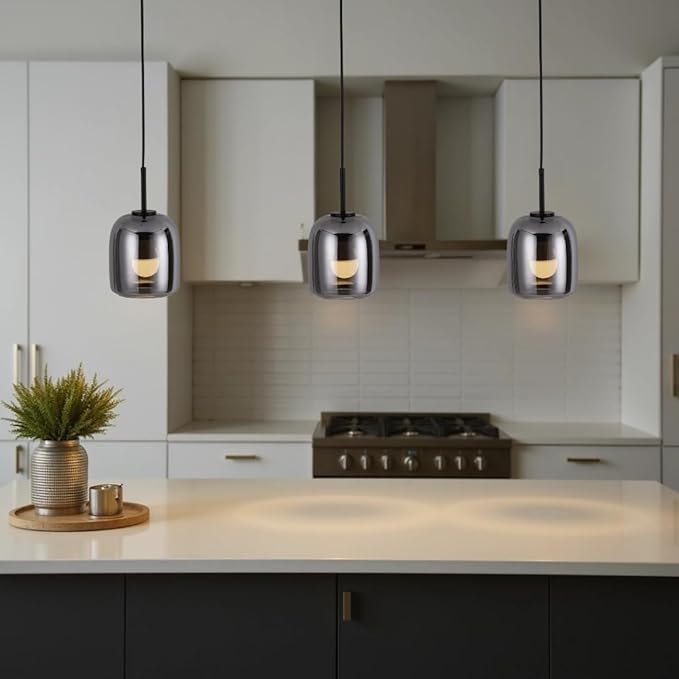 Smoked Grey Pendant Lights Kitchen Island - Small Size Hanging Light Fixture - Includes E26 Bulb