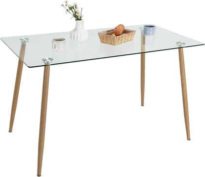 Moccha 51” Glass Dining Table, Modern Rectangular Table with Spacious Tempered Glass Tabletop & Wood Grain Metal Legs, Adjustable Foot Pads, Transparent Kitchen Table for Home Office