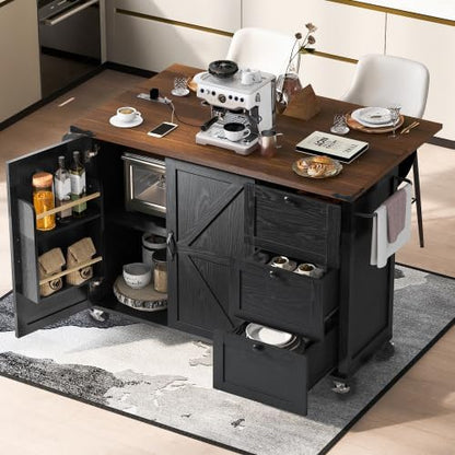 Kitchen Island Cart with Internal Storage Rack, 54.5'' Rolling Kitchen Island Table with Power Outlet, Drop Leaf, Spice/Towel Rack and Drawer, Mobile Kitchen Islands with Storage on Wheels (Black)