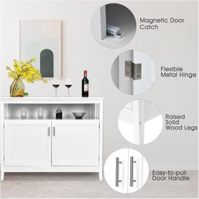 Sideboard Buffet Storage Cabinet Wood Kitchen Cupboard Server Console Island Table 2 Doors Storage Chest with Top Open Shelf (White)