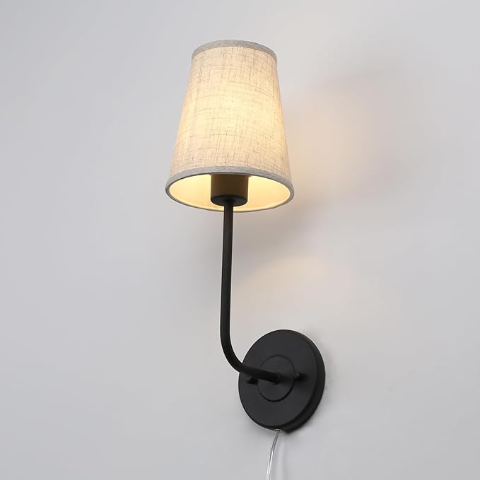 Pathson Set of 2 Plug in Fabric Wall Sconce Linen Cloth Shade, 1-Light Vintage Wall Light Fixture for Living Room Bedroom
