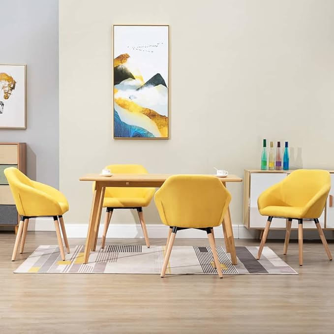 Yellow Dining Chairs Set of 4, Modern Farmhouse Kitchen Chairs with Padded Armrests, Polyester Upholstered Solid Wood Indoor Furniture for Dining Room Kitchen