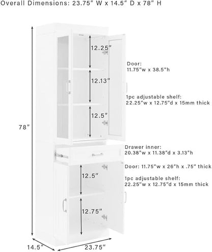 Crosley Furniture Stanton Glass Door Pantry Storage Cabinet with Shelves, Kitchen, Dining, or Laundry Room, White