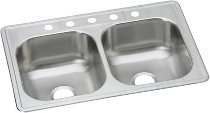 Dayton Stainless Steel 33" x 22" x 8-1/16", 5-Hole Equal Double Bowl Drop-in Sink