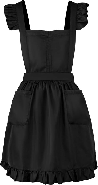 Geyoga Aprons for Women with Pockets Kitchen Cooking Waitress Maid Apron Vintage Skirt Cute Ruffle Dress Costume(Black,Long Style)
