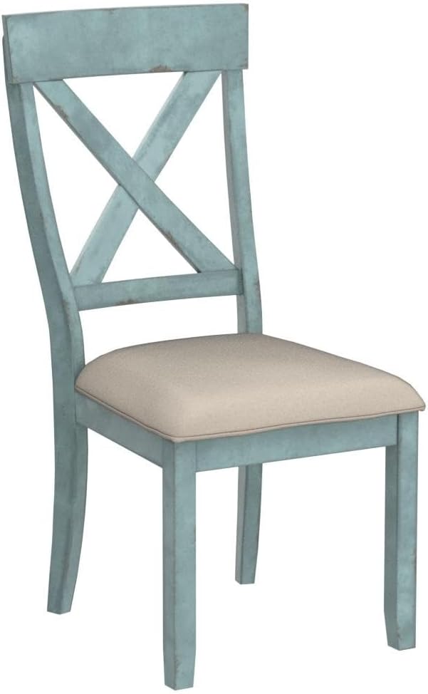 Roundhill Furniture Prato Two-Tone Wood Cross Back Upholstered Dining Chairs, Set of 2, Blue and Tan