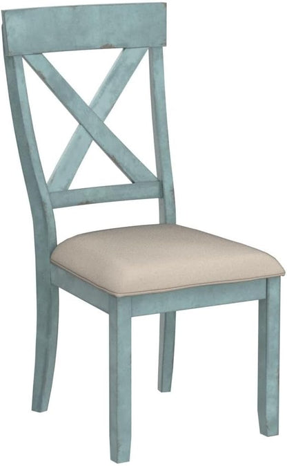 Roundhill Furniture Prato Two-Tone Wood Cross Back Upholstered Dining Chairs, Set of 2, Blue and Tan