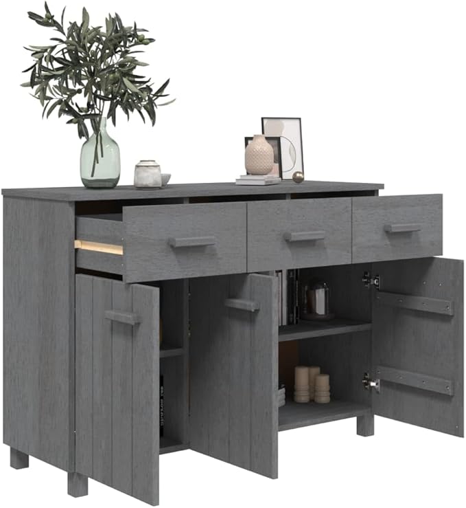 Dark Grey Solid Pine Wood Sideboard, 44.5" Dining Room Buffet Cabinet with Drawers, Matte Finish, Living Room Storage Furniture Kitchen Furniture