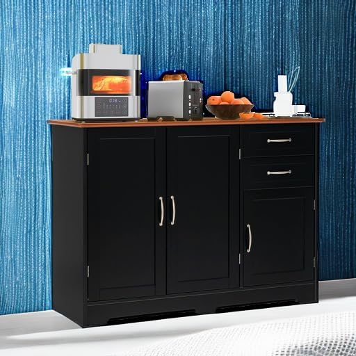 LOKO Buffet Cabinet With Storage, Modern Bar With 3 Doors, 2 Drawers & Adjustable Shelf, Kitchen Sideboard Console Table for Living Room, 43.5 x 16 x 31 Inches (Black)