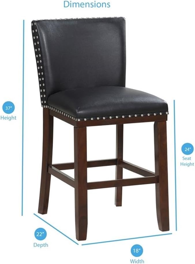 Steve Silver Tiffany 24" Counter Height Upholstered Polyurethane Seating, Set of 2 Chairs KD, Kitchen Area/Bar, Solid Wood Legs, Nailhead Trim with Espresso Stained Legs, 18" L x 22" W x 37" H, Black