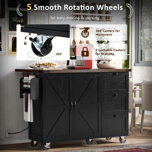 Kitchen Island Cart with Internal Storage Rack, 54.5'' Rolling Kitchen Island Table with Power Outlet, Drop Leaf, Spice/Towel Rack and Drawer, Mobile Kitchen Islands with Storage on Wheels (Black)