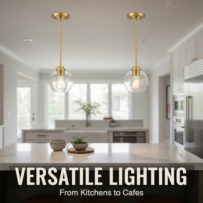 Gold Pendant Light, 7 Inch Clear Glass Farmhouse Hanging Fixture, Adjustable Height & Sloped Ceiling Compatible for Kitchen Island Dining Room Entryway Bedroom Hallway, 2 Pack