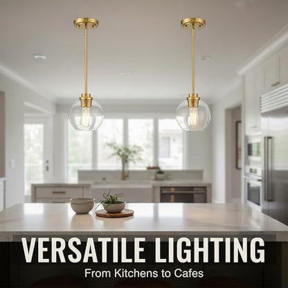 Gold Pendant Light, 7 Inch Clear Glass Farmhouse Hanging Fixture, Adjustable Height & Sloped Ceiling Compatible for Kitchen Island Dining Room Entryway Bedroom Hallway, 2 Pack