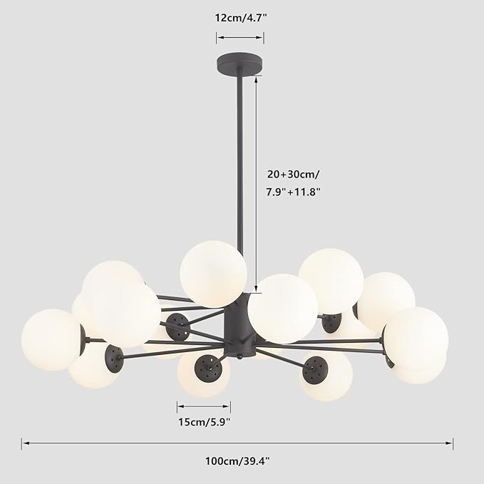 KCO Lighting Modern 16-Light Milk Glass Ball Chandelier Matte Black Globe Sputnik Chandelier Ceiling Mount Mid Century Modern Chandelier Kitchen Island Dining Room Light Fixture (Black+White)