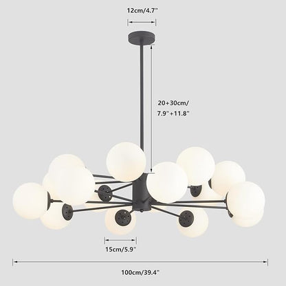 KCO Lighting Modern 16-Light Milk Glass Ball Chandelier Matte Black Globe Sputnik Chandelier Ceiling Mount Mid Century Modern Chandelier Kitchen Island Dining Room Light Fixture (Black+White)