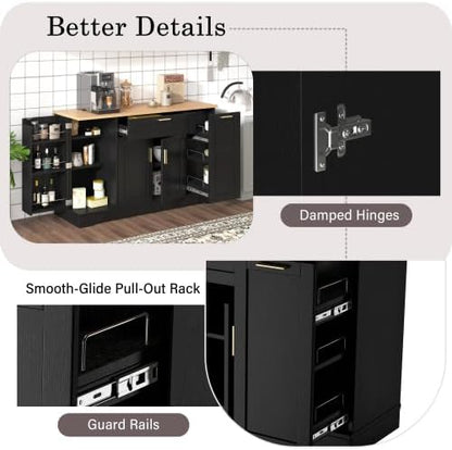 Bellemave Sideboard Buffet Cabinet with Drawer & Adjustable Shelves, Modern Kitchen Pantry with 3-Tier Pull-Out Rack, Coffee Bar Cabinet with Storage for Dining Room, Living Room, Kitchen (Black/54)