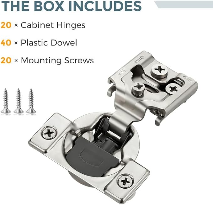 HOME EDIT 20 Pack 10 Pairs 3/4 inch Overlay Soft Close Cabinet Hinges for Kitchen, Stainless Steel Three-Way Adjustable, Concealed Self-Closing Door Hinges