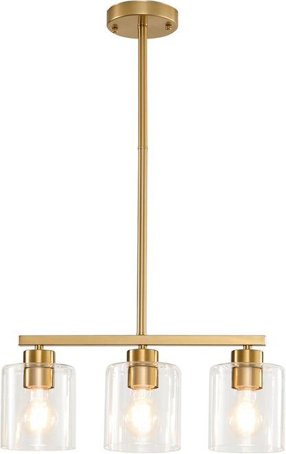 3-Light Gold Kitchen Island Lighting, Gold Pendant Light Fixture, Farmhouse Dining Room Light Fixtures Over Table, Modern Hanging Light Fixtures with Clear Glass, E26 Base, Bulbs Not Included