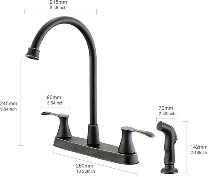 Oil-Rubbed-Bronze Kitchen Faucet with Side Sprayer, Bronze 2-Handle Faucet for 4 Holes Kitchen Sink