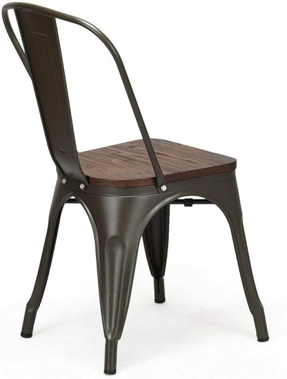 COSTWAY 18 Inch Dining Chair Set of 4, Industrial Vintage Stackable Metal Chairs, Counter Bar Chairs with High Backrest, Wood Seat, for Home, Kitchen and Cafe Bar Use
