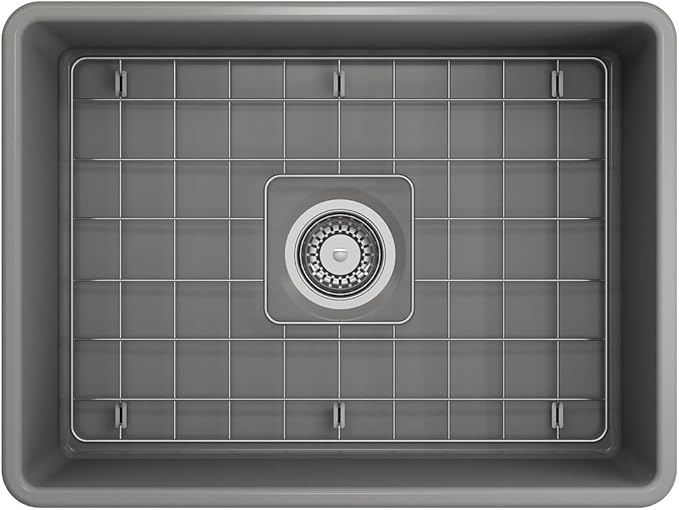 BOCCHI Classico Farmhouse Apron Front Fireclay 24 in. Single Bowl Kitchen Sink with Protective Bottom Grid and Strainer in M.Gray