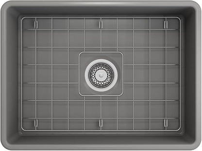 BOCCHI Classico Farmhouse Apron Front Fireclay 24 in. Single Bowl Kitchen Sink with Protective Bottom Grid and Strainer in M.Gray