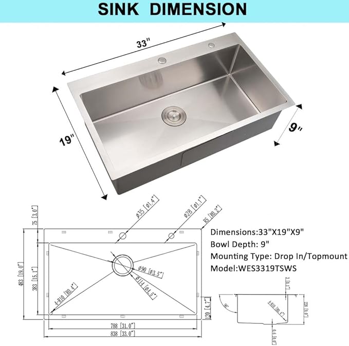 33 Inch Drop In Kitchen Sink with Faucet Combo- 33X19 Drop In Top Mount Kitchen Sink 18 Gauge Stainless Steel Deep Single Bowl Kitchen Sinks with Soap Dispenser