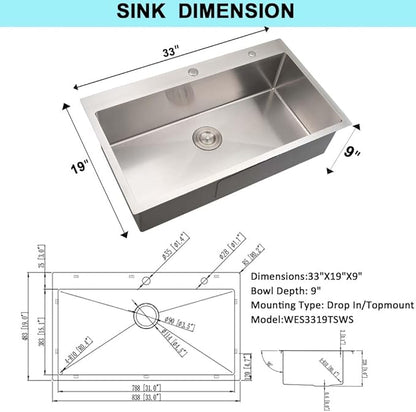 33 Inch Drop In Kitchen Sink with Faucet Combo -Wesliv 33x19 TopMount Stainless Steel Sinks 18 Gauge Single Bowl Deep Kitchen Sink with Soap Dispenser