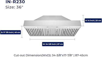Hauslane Range Hood Insert 36 inch,Stainless Steel Built-In Range Hood with 3-SPEED Dual Control Knobs,Dishwasher-safe baffle filters,GU10 LED bulbs,6" Round Duct for Vented or Ductless