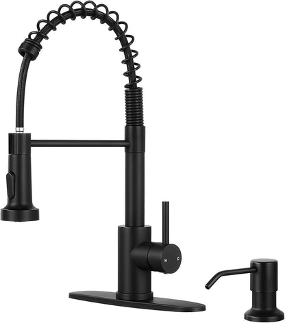 Kitchen Sink Faucet with Soap Dispenser,Commercial Single Handle Kitchen Faucets with Deck Plate (Matte Black)