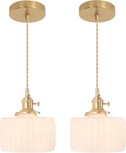 Shenmoyl Pendant Light 2 Pack with White Striped Glass Lmapshade, Brass Vintage Pendant Light Adjustable Hanging Light for Kitchen Island Dining Room Hallway