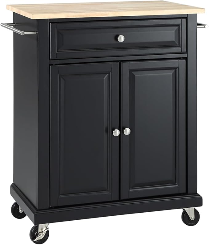 Crosley Furniture Compact Wood Top Small Rolling Cart with Shelves, Microwave Stand with Towel Rack, Black