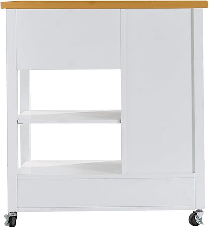 American White Oak Dining Car Table – Kitchen Island Cart with Walnut Top, Rolling Storage Cabinet with Drawers and Shelves, White Sideboard Buffet with Glass Door, Towel Bar & Locking Wheels