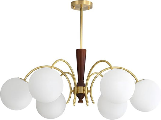 KCO Lighting 6 Light Gold Sputnik Light Fixture Vintage Brass Milk Glass Chandelier White Globe Pendant Lights Kitchen Island Modern Farmhouse Chandeliers for Dining Room