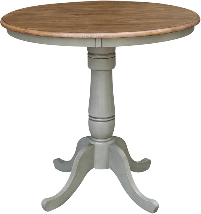 HomeStock Medieval Majesty 36-in Round Top Pedestal Table - Counter Height, Dual-Toned Hickory/Stone Finish, Parawood, Butcher Block Top, Ideal for Kitchen Islands