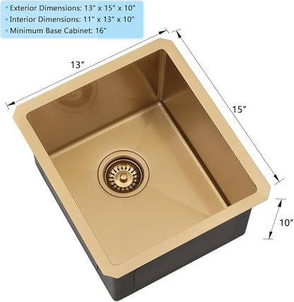 13 Inch Gold Bar Sink Undermount-VASOYO 13x15 Inch Undermount Bar Sink Gold Small Rv Kitchen Sinks Outdoor Island Sinks 16 Gauge Stainless Steel Single Bowl Basin with Bottom Grid